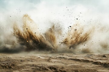 Dust cloud explodes over rough terrain.