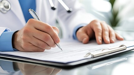 Doctor filling out a form on a clipboard, focusing on the hands, pen, and form details for clarity.