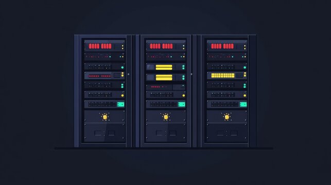 Multiple servers display blinking indicators against a dark background, showcasing active network operations during evening hours. Generative AI