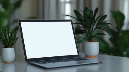 Fototapeta premium Laptop with blank screen on a desk with plants.