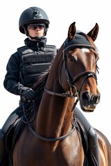 Fototapeta premium A person in black riding a brown horse.