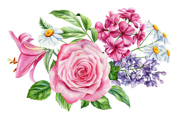 Romantic watercolor bouquet. Pastel pink roses, lilies. Delicate botanical flower illustration wedding floral decoration