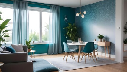 Fototapeta premium Scandinavian living room interior design zoom background,Doodle Galaxy patterned wallpaper graphics
