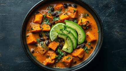 Roasted Sweet Potato and Black Bean Soup with Lime and Avocado