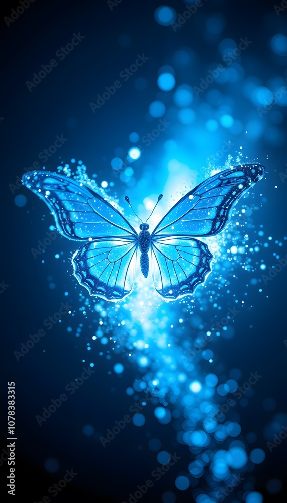 Poster a vigorously colorful butterfly dissolving into particles with glowing effects perfect for artistic 