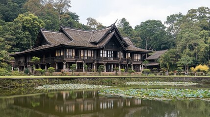 Fototapeta premium Traditional Japanese Wooden House Surrounded by Lush Greenery and Serene Water Features Reflecting Nature's Beauty in a Peaceful Landscape