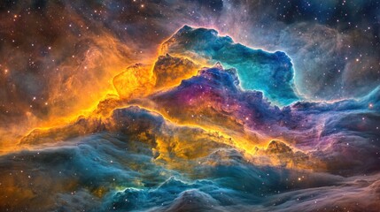 A cosmic sky filled with vibrant nebulae, glowing stars, and swirling clouds of interstellar dust, creating a colorful and awe-inspiring scene."
