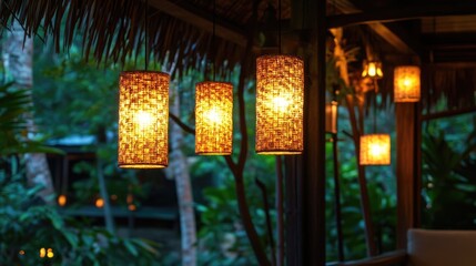 Warm and Inviting Lanterns Hanging in a Tropical Setting Surrounded by Lush Green Vegetation Offering a Cozy Atmosphere for Relaxation and Comfort