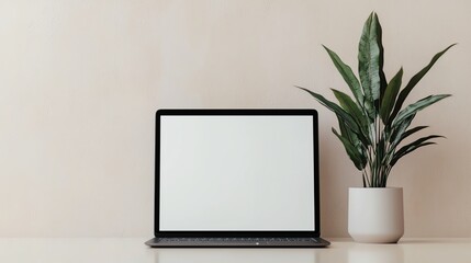 Laptop with blank screen and potted plant on table against a beige wall.