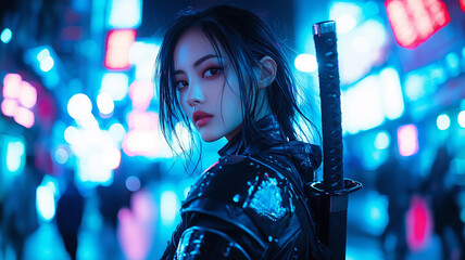 woman in futuristic attire stands confidently in neon lit urban setting, holding katana. vibrant blue and pink lights create cyberpunk atmosphere, enhancing scene intensity