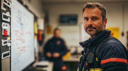 A firefighter stands in front of a whiteboard in an office explaining a plan of action to his team during a meeting