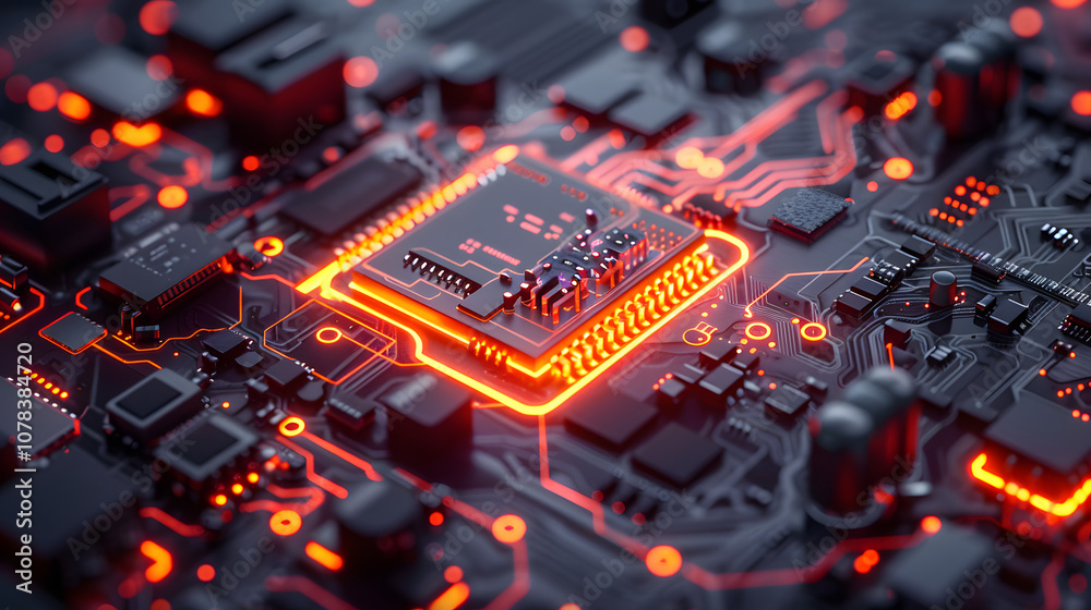 Wall mural 3d rendering glowing ai artificial intelligence technology chipset cpu on circuit board. electronic 