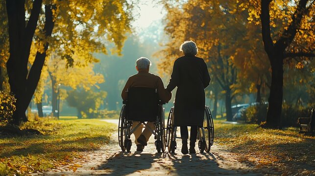 A senior couple in wheelchairs walk together through an autumnal park.