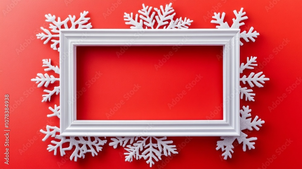 Aufkleber A white frame with snowflakes surrounding it on a red background