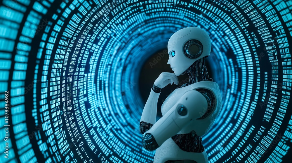 Aufkleber Humanoid robot thinking about binary code in a digital tunnel