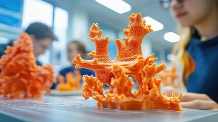 A group of students learn using 3D printing technology in a creative space. Close-up of the creative designs."