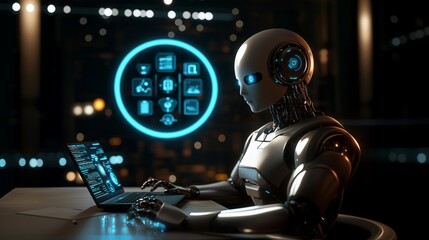 Robot working on laptop with holographic display showing futuristic interface