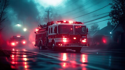 A side view of a fire truck without a fire station logo with emergency equipment on the roof and bright beacon lights.