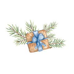 Christmas gift box with a blue ribbon, nestled among green pine branches. Watercolor illustration in a festive, cozy style. Ideal for holiday cards, gift tags, wrapping, and seasonal designs.