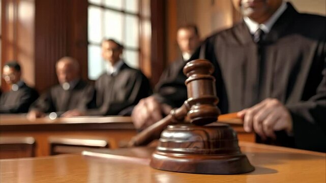 A gavel and sound block are in focus, with judges in robes seated in the background in a courtroom setting.