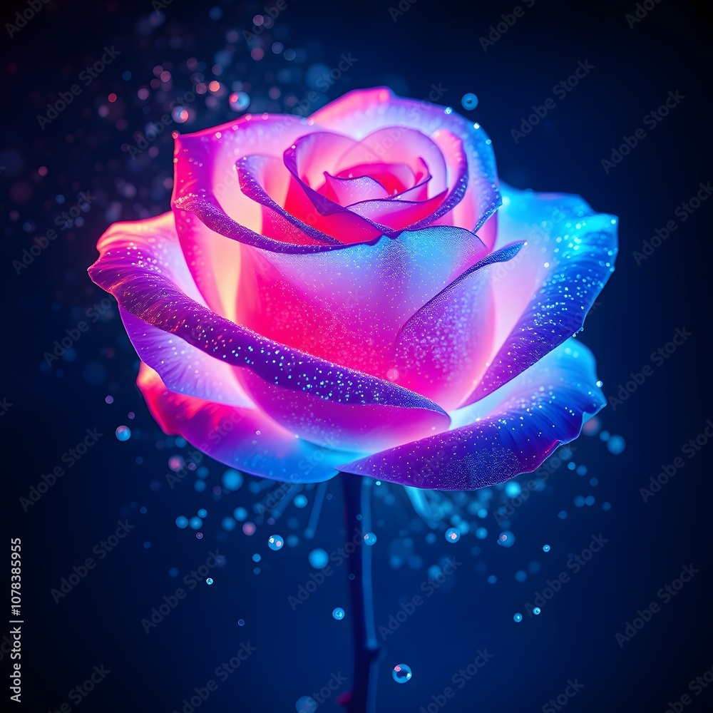 Poster A Captivating Artistic Representation of a Vigorous Rose Breaking Apart into Glowing Particles for Use in Creative Projects