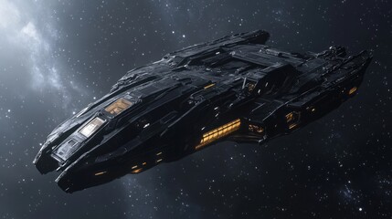 A spaceship floating in the dark space with twinkling stars as a backdrop.