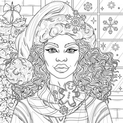 An African-American woman wearing a Santa hat near a Christmas tree.Coloring book antistress for children and adults.