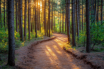Fototapeta premium Serene forest path with sunlight filtering through tall trees