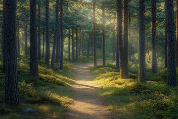 Fototapeta premium Quiet forest path illuminated by morning light in a tranquil scenery