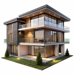 A sleek modern house isolated on a transparent background, showcasing contemporary architecture.