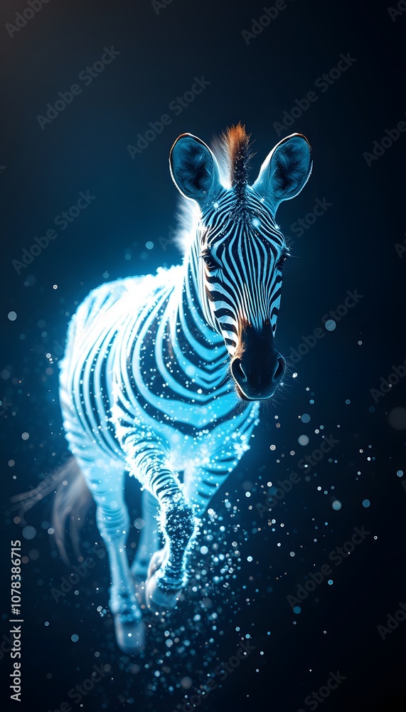 Aufkleber A vibrant scene of a vigorous zebra dissolving into glowing particles, perfect for illustrating transformation and visual effects in creative projects.