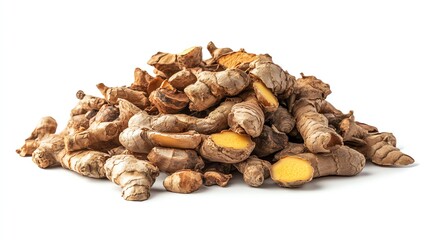 Obraz premium Whole and sliced ginger arranged on a smooth white background with clear details