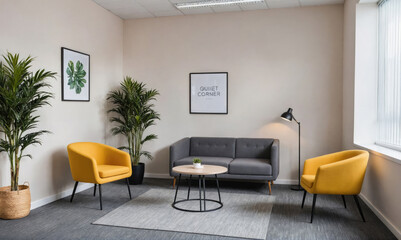 Fototapeta premium A small, modern office with a couch, two yellow chairs, and a table, a sign reads Quiet Corner