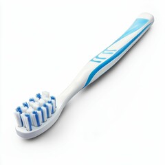 A blue and white toothbrush on a white background.