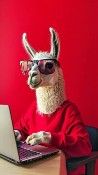Llama wearing sunglasses working remotely using laptop