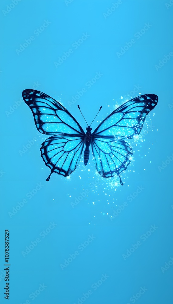 Poster a vivid butterfly dispersing into a whirlwind of glowing particles, capturing the essence of transfo
