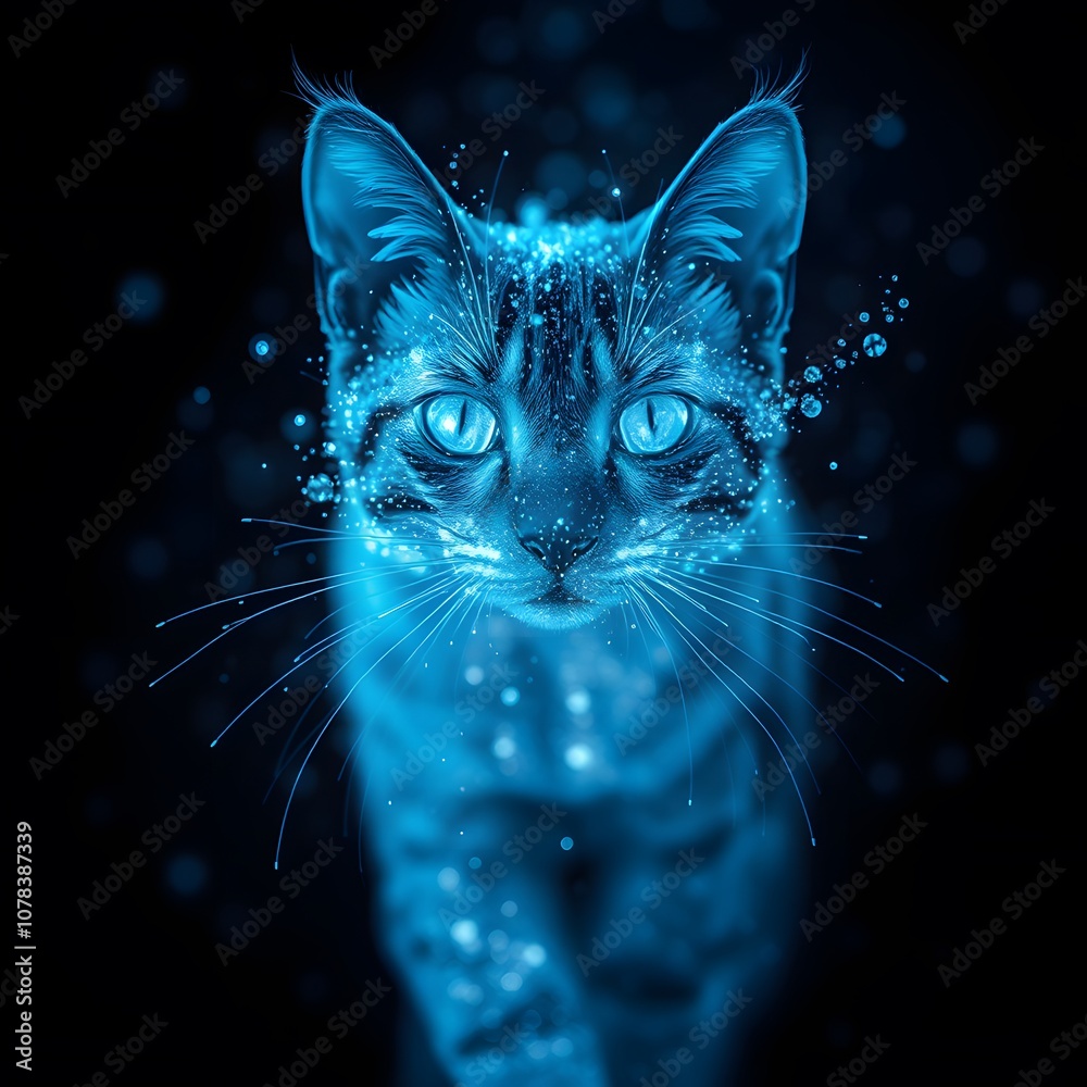 Poster A Vigorous Cat Dissolving and Disappearing in Glowing Particles Effects for Creative Use in Visual Arts and Digital Media