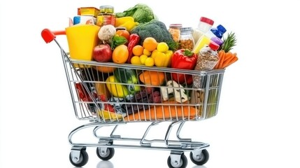 Full shopping cart with fresh and packaged foods, standing isolated on a white background for a clean display.