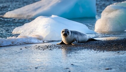 Fototapeta premium A playful baby seal on a snowy beach, surrounded by icebergs, enjoying the cold environment.