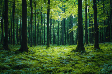 Obraz premium Lush green forest with towering trees and vibrant foliage in daytime