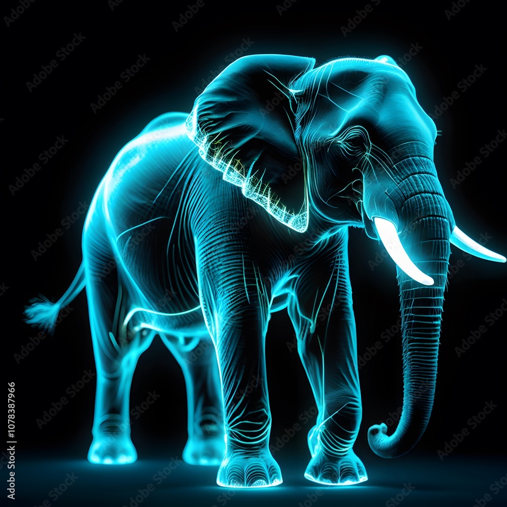 Poster a magnificent elephant dissolving into glowing particles, perfect for visual storytelling and fantas