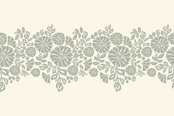 Ethnic floral pattern wallpaper seamless vintage green flower leaf watercolour style embroidery texture motifs vector illustration design hand drawn background border.