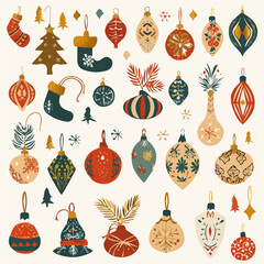 Simple flat 2D icon Christmas ornament set isolated on transparent background, vector, flat design, animation design, vector, flat design, simple flat 2D icon, design, clipart, bauble set