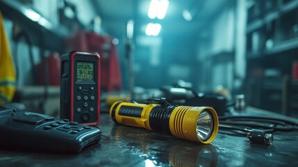 Close-up of firefighter's heat-resistant flashlight and portable radio arranged on a table in the control room