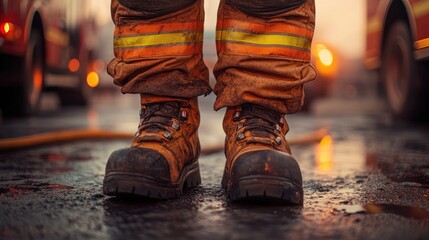 Close-up of firefighter's sturdy fire boots and fire-resistant pants neatly arranged, ready for duty