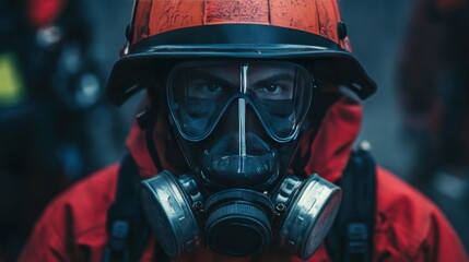 Fototapeta premium Close-up of smoke mask and breathing apparatus placed on a dark red firefighter's fire suit, ready for an emergency