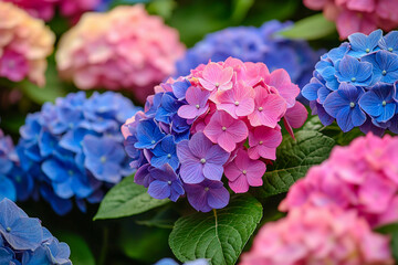 Colorful hydrangea blooms in a lush garden setting during spring