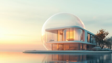 Obraz premium Contemporary house in a protective bubble, conveying safe environment, isolated on a soft gradient