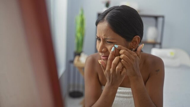 Woman in spa room examining and squeezing pimple on her face, reflecting concern and focus in a wellness and beauty center