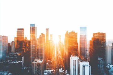 Obraz premium Sun setting over tall city skyscrapers.